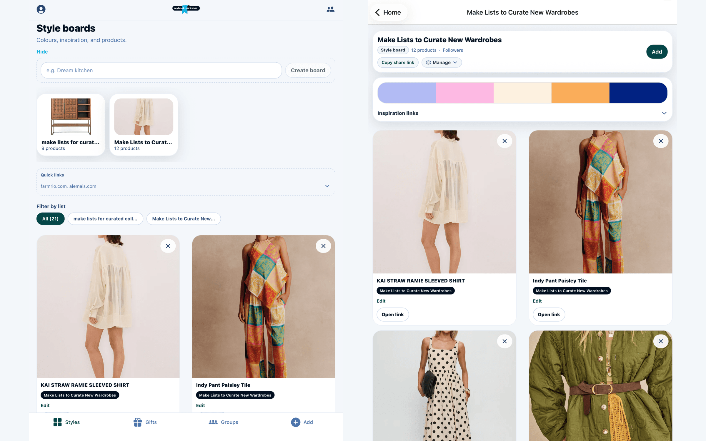 Style boards with colour palette, inspiration links, and saved products