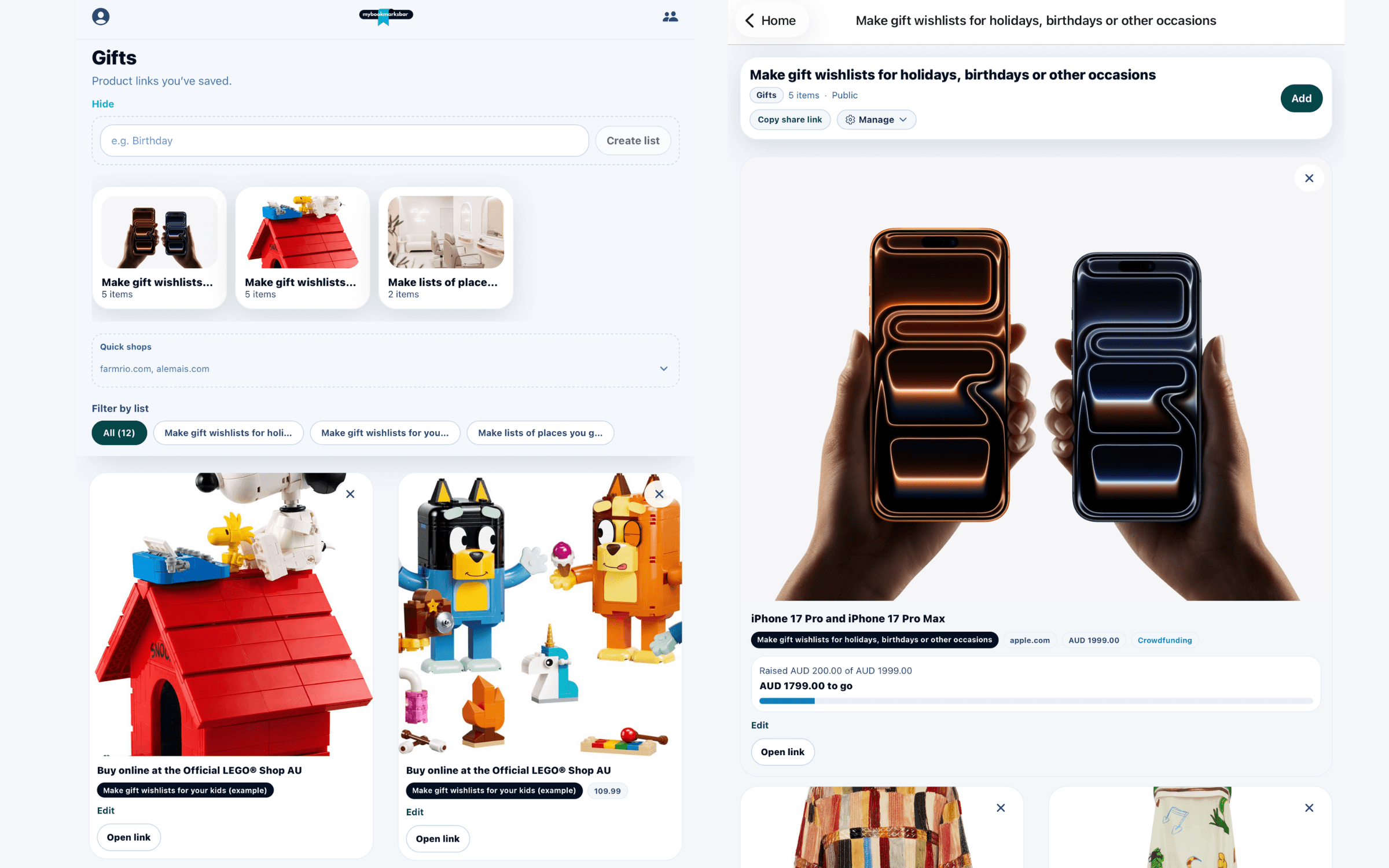 Gift wishlists with saved product links